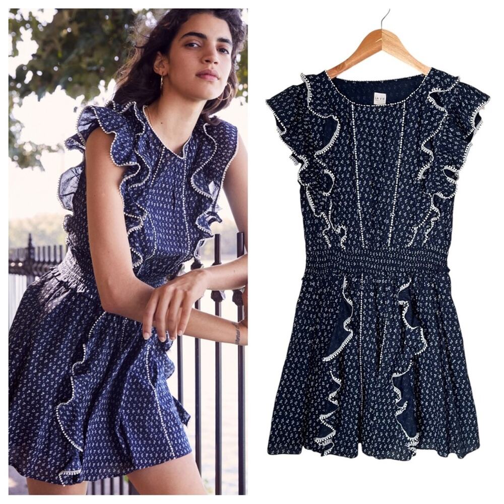 La Vie Rebecca Taylor Ikat Leaf Ruffle Dress in Midnight Navy Small